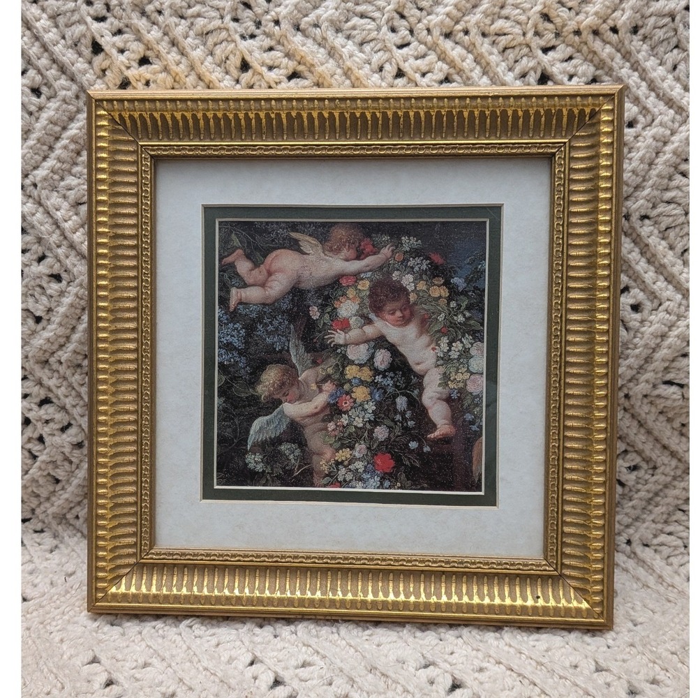 Hermitage Fine Arts Cherub Putti Floral Art Print Gold Ornate Frame Vintage